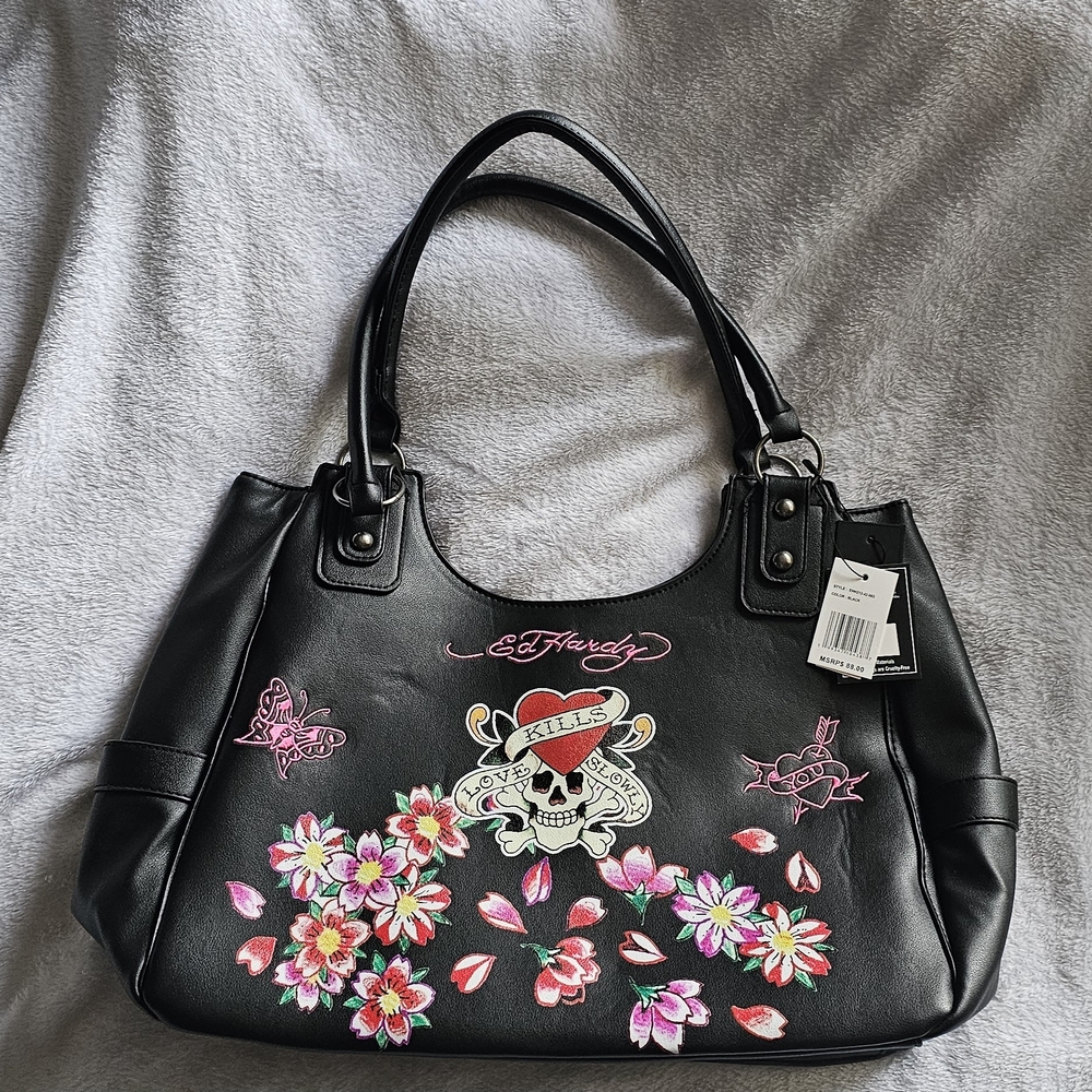 Ed Hardy Black Bag with Floral and Skull Embroidery